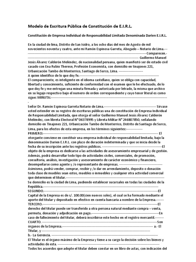 Ejemplo de escritura pública de una empresa