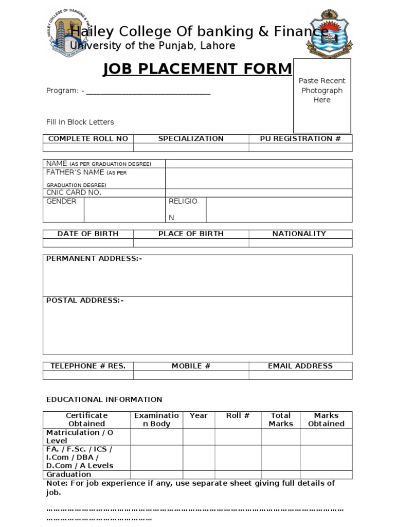 Job Placement Form PDF
