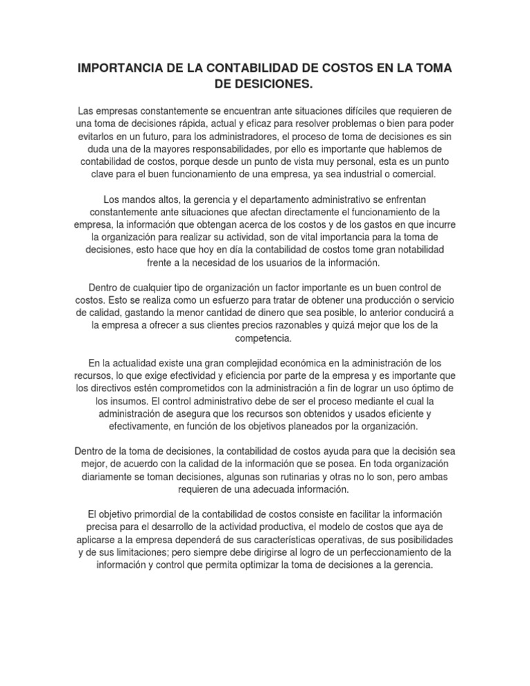 Importancia de La Contabilidad de Costos en La Toma de Desiciones | PDF ...