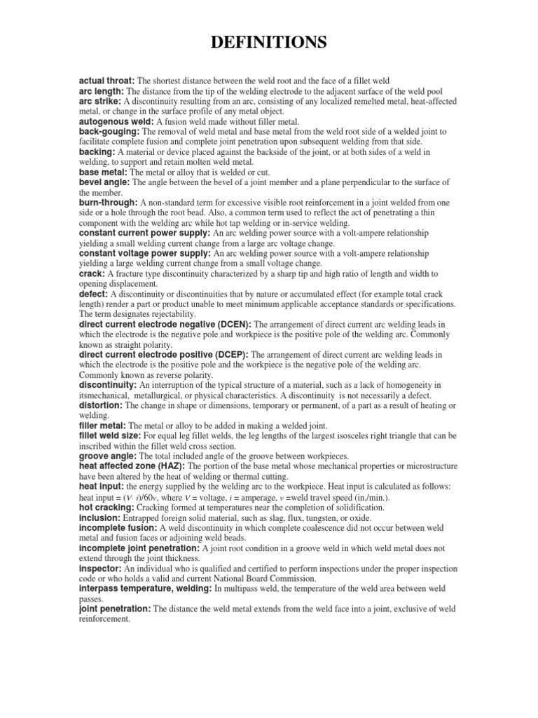 Definitions I 60v Where V Voltage I Amperage V Weld Travel Speed 