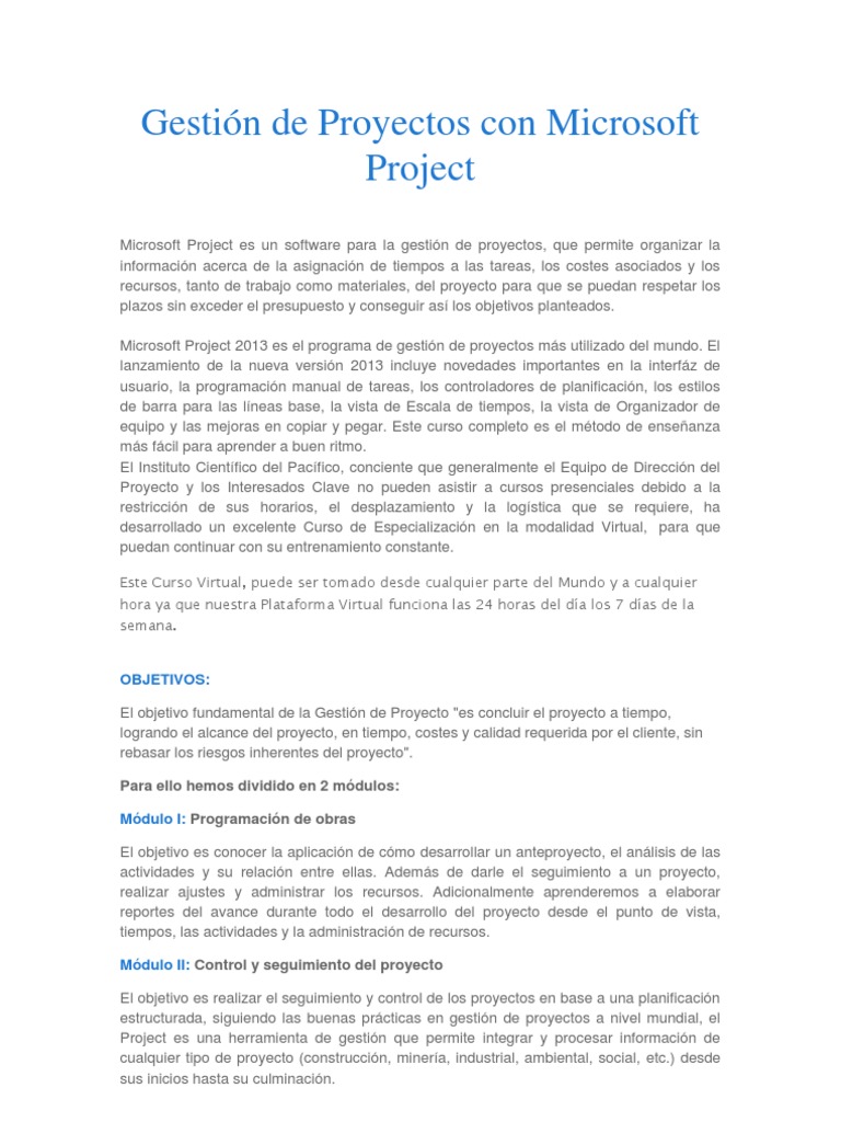 Curso Virtual de MS Project 2013 | PDF | Gestión de proyectos | Microsoft