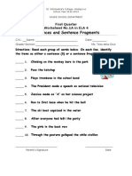 Sentences and Sentence Fragments: First Quarter Worksheet No.1A in ELA 4