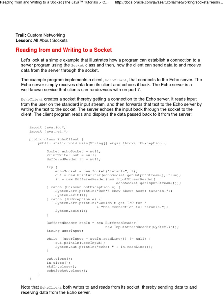 Reading From and Writing To A Socket (The Java™ Tutorials Custom