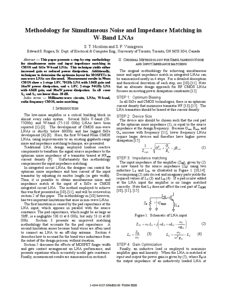 Simultaneous Noise and Impedance Matching PDF Field Effect Transistor Mosfet