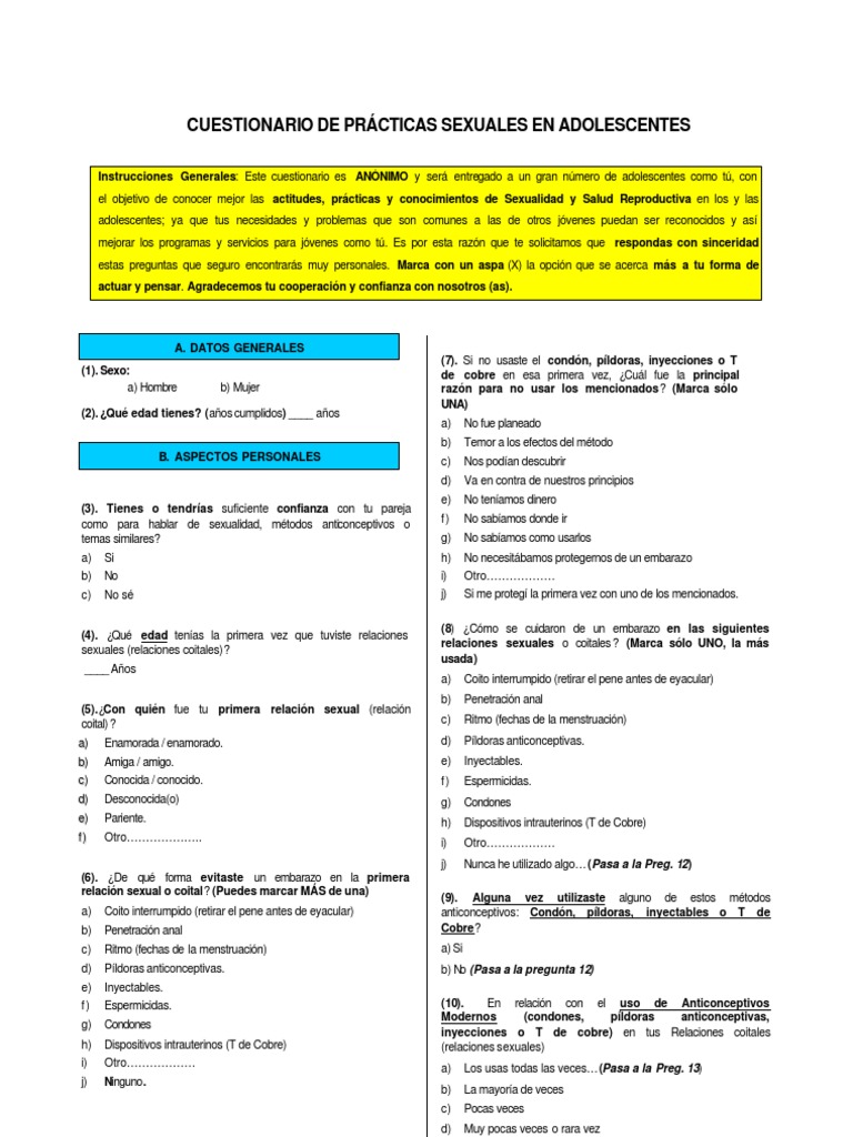 Cuestionario de Prácticas Sexuales en Adolescentes Control de la