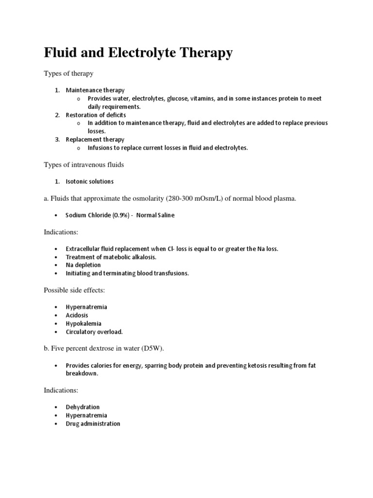 Fluid and Electrolyte Therapy Overview | PDF | Saline (Medicine ...