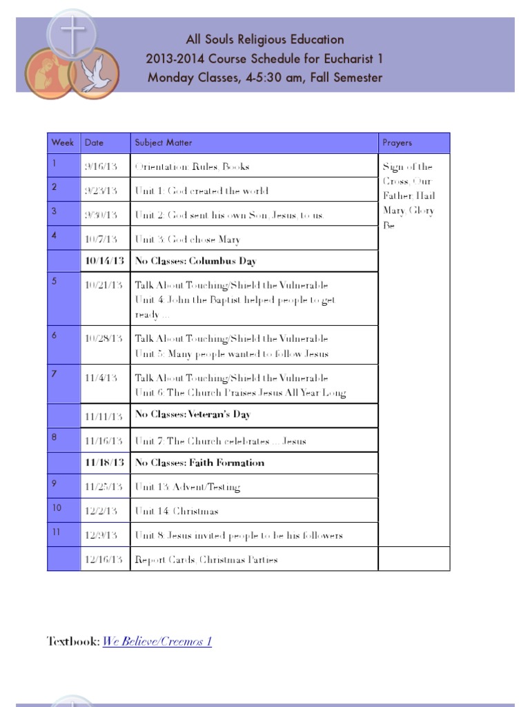 2013-2014 Eucharist 1 Class Schedule | PDF | Wellness | Religion ...