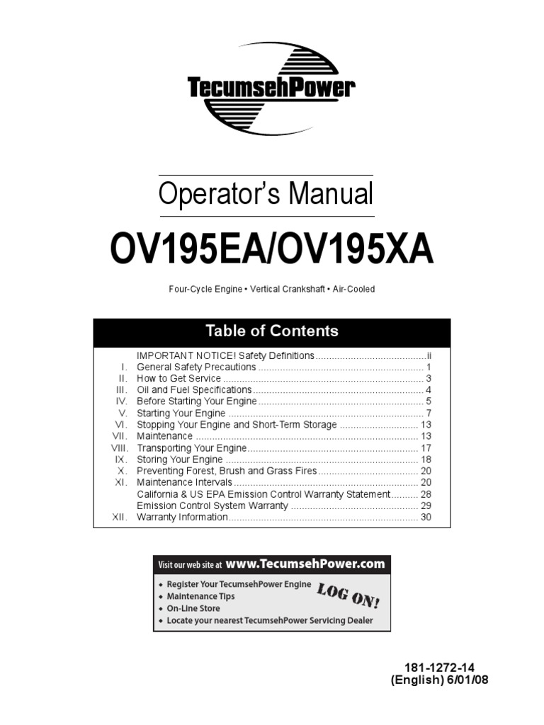 Tecumseh OV195EA OV195XA Engine Manual PDF Internal Combustion