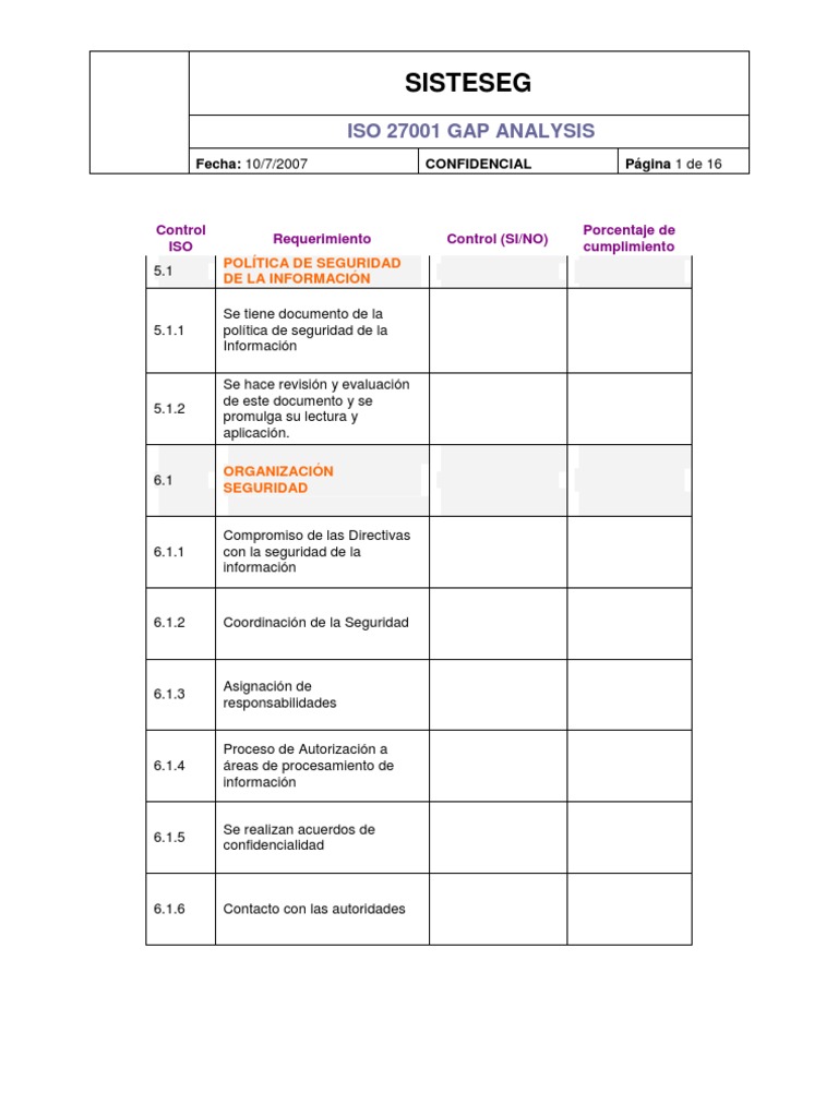 Análisis de Brechas ISO 27001 2007 | PDF | Seguridad de información ...