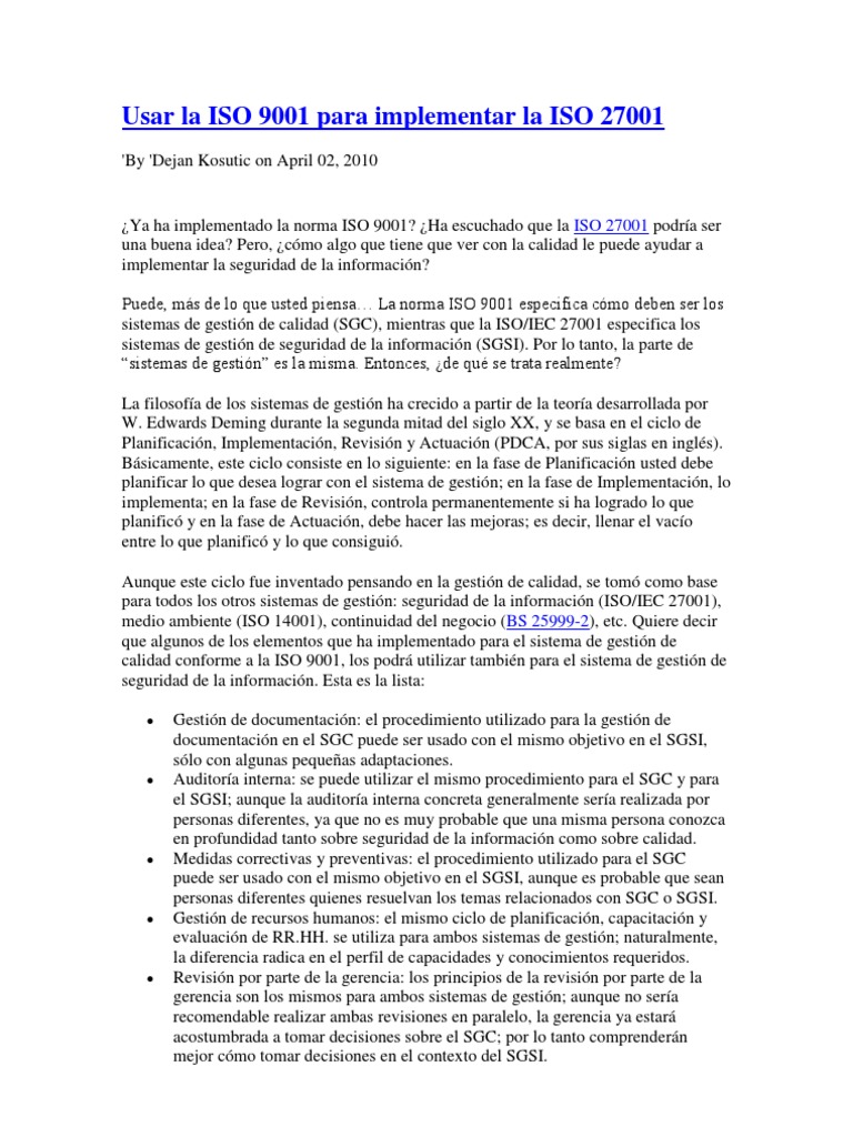 Implementación de ISO 27001 con ISO 9001 | PDF | La seguridad ...