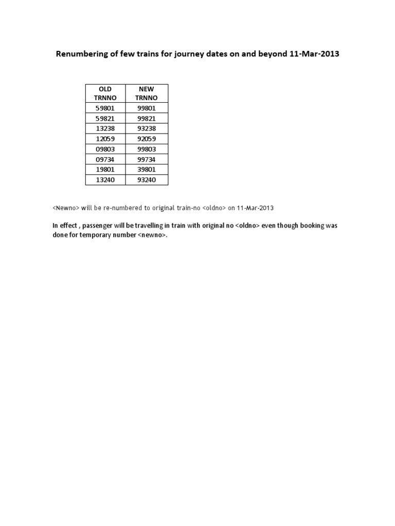 Train Renumbering Details for 11-Mar-2013 | PDF
