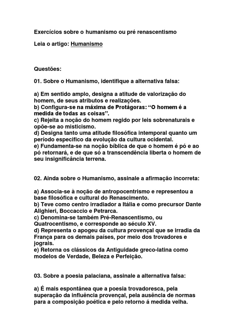Exercícios sobre Humanismo e Renascimento | PDF | Humanismo | Renascimento