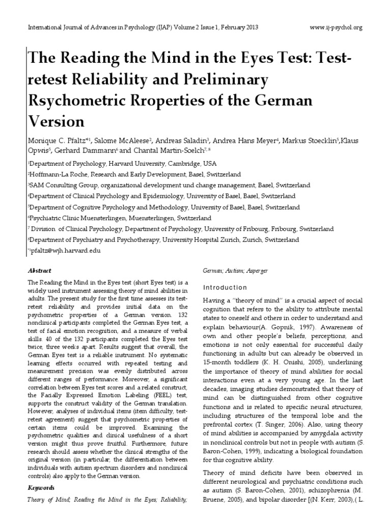 German Version of Eyes Test Reliability | PDF | Theory Of Mind ...