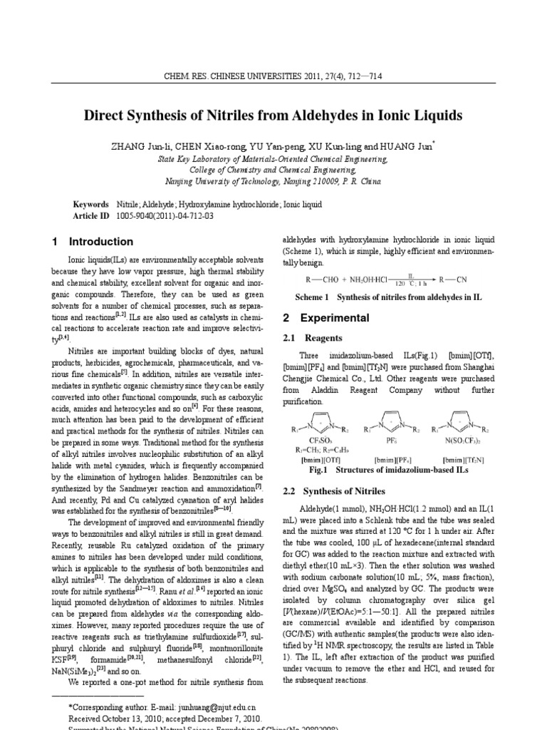 Direct Synthesis of Nitriles From Aldehydes in Ionic Liquids PDF