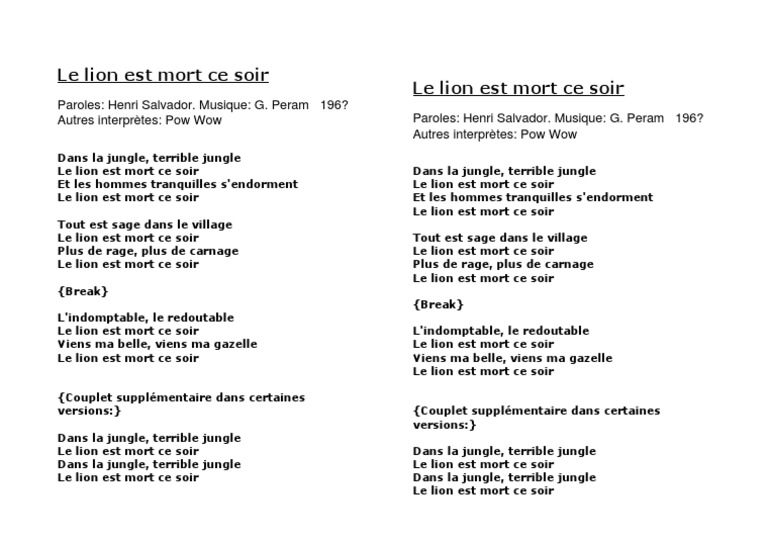 Le Lion Est Mort Ce Soir Paroles Pdf Le Lion Est Mort Ce Soir | PDF