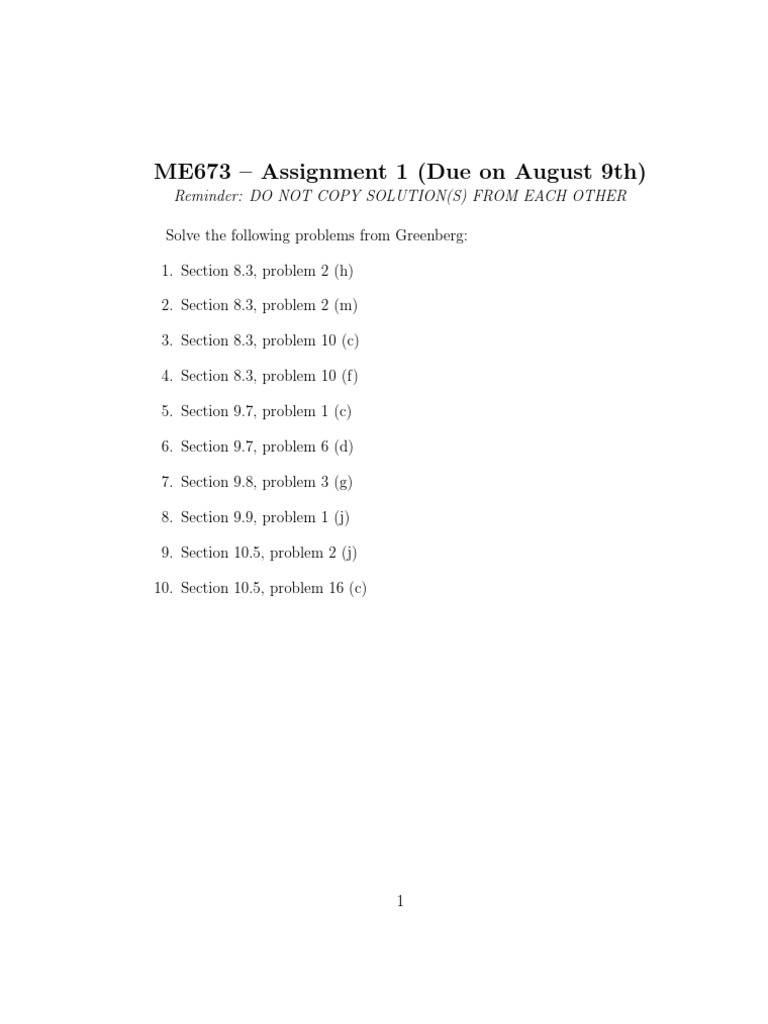 ME673 - Assignment 1 (Due On August 9th) | PDF