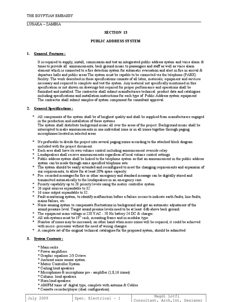 PA System Specifications | PDF | Microphone | Loudspeaker