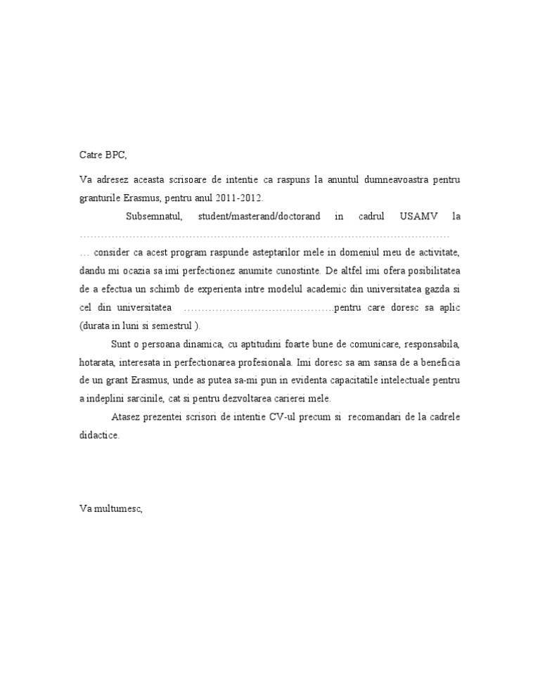 Model Scrisoare de Intentie Erasmus