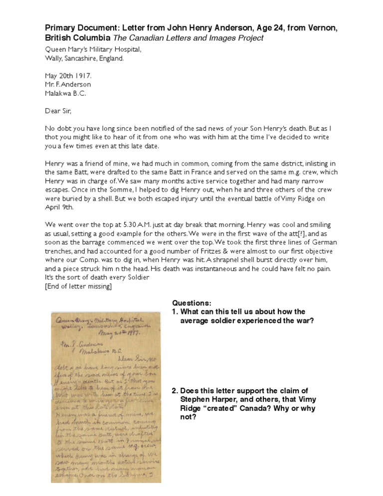 Letter on Vimy Ridge Casualty | PDF | Classics
