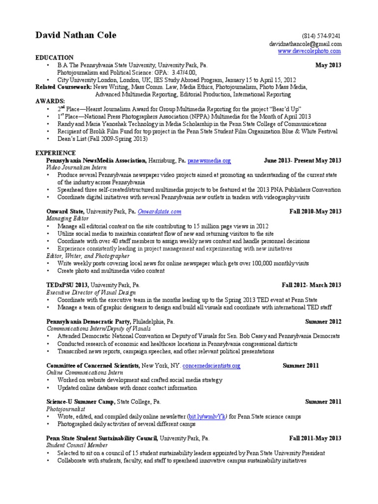 Dave Cole Resume PDF Multimedia Pennsylvania State University