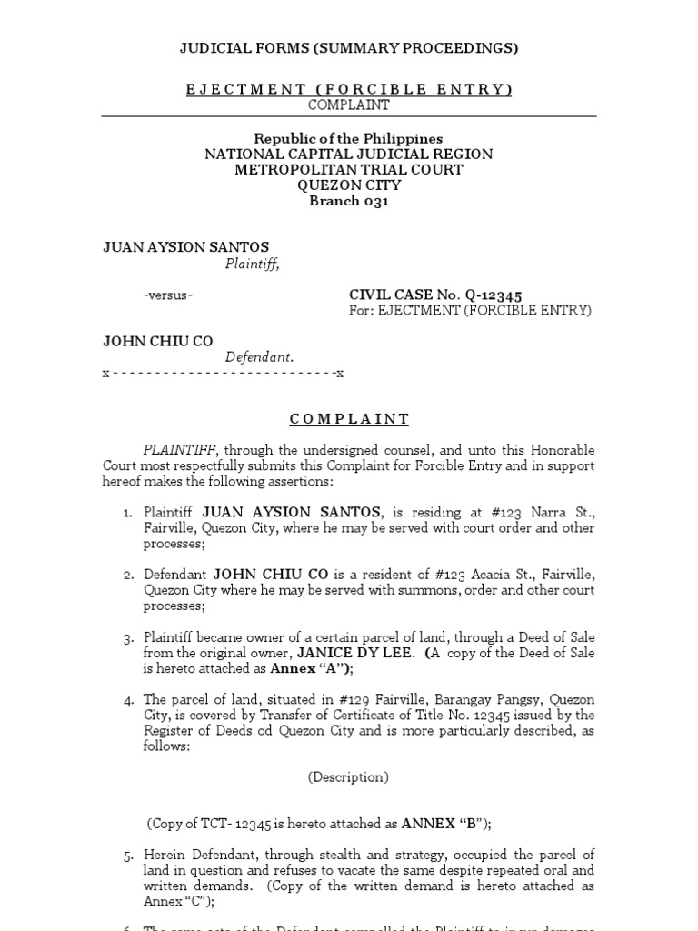 Ejectment Complaint for Forcible Entry | PDF | Eviction | Lawsuit