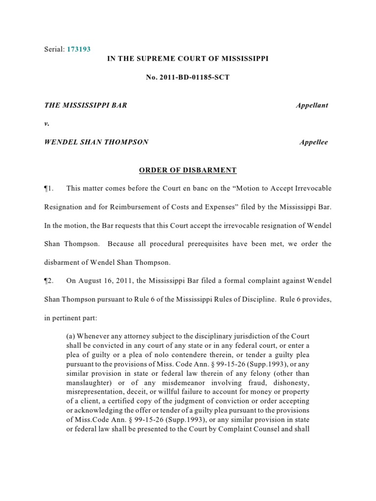 Mississippi Attorney Disbarment Order | PDF | Disbarment | Complaint