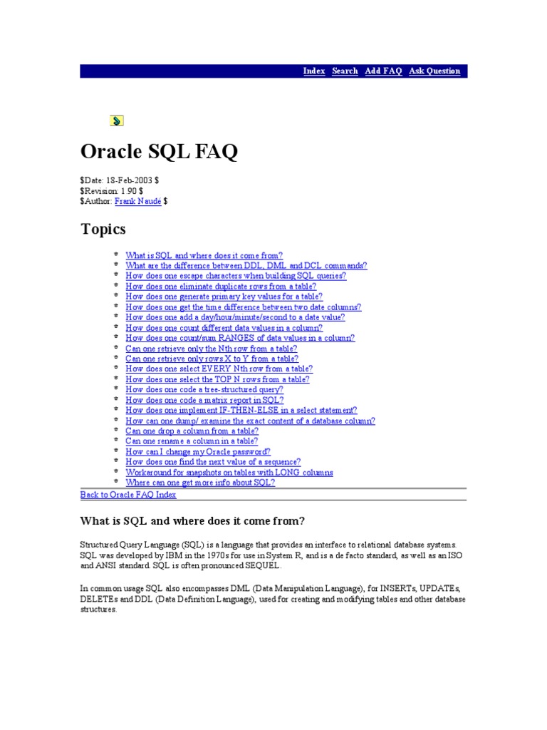 Oracle SQL FAQ: Topics | PDF