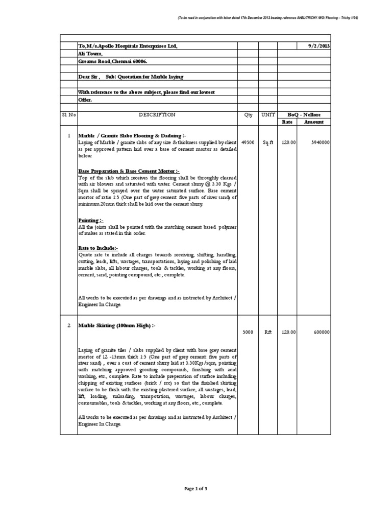 Apollo Marble Laying Boq PDF Flooring Mortar (Masonry)