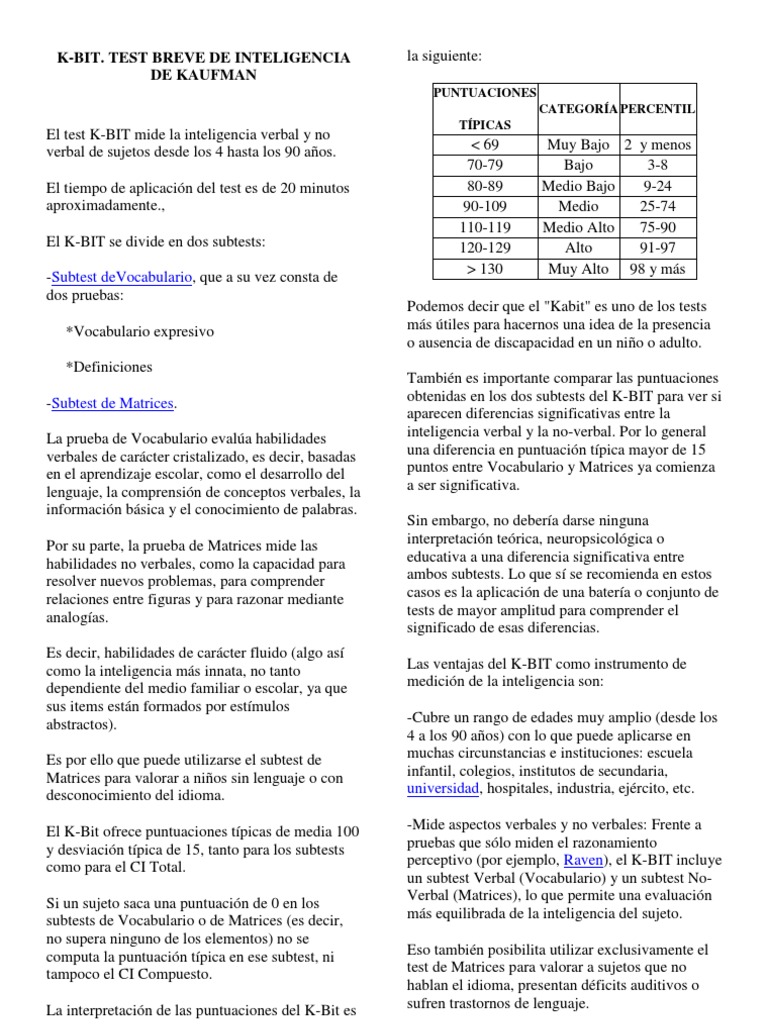 Test K-BIT: Evaluación de Inteligencia | PDF | Inteligencia | Neurociencia