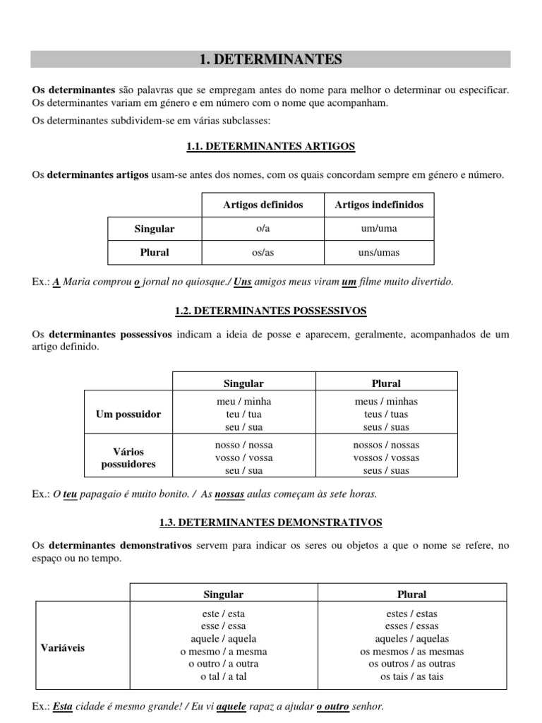 Determinantes e Pronomes em Português | PDF | Pronome | Relações sintáticas
