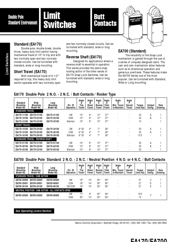 EA170/EA700 Limit Switches Technical Specifications and Dimensional