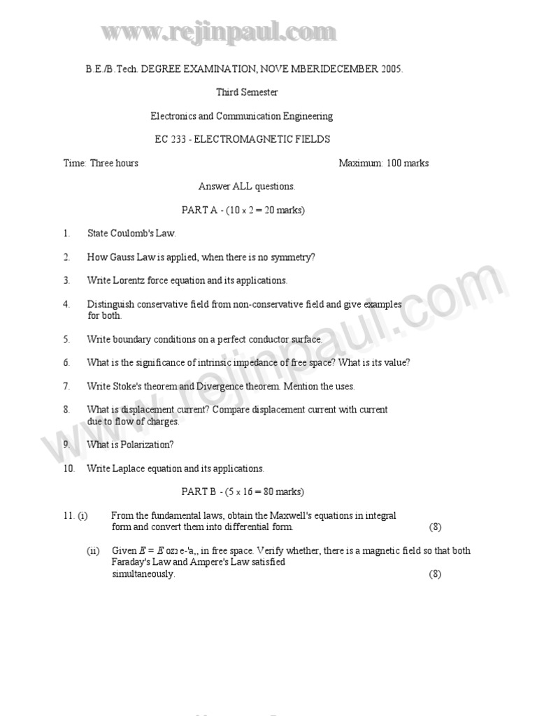 EMF Question Paper for EC 233 Exam | PDF | Field (Physics) | Magnetic Field