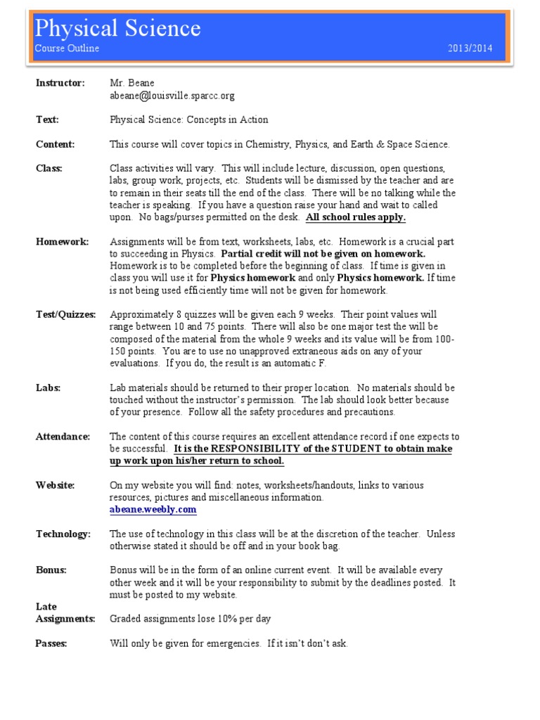 physical science outline | Homework | Teaching