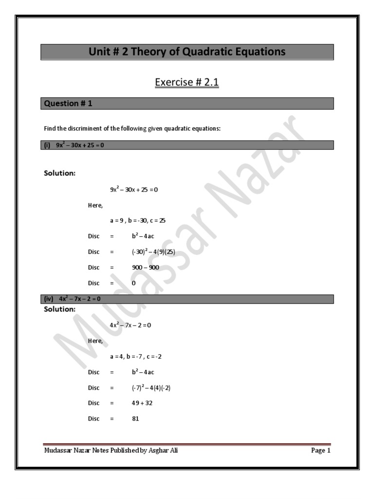 Unit # 2 Theory of Quadratic Equations | PDF | Quadratic Equation ...