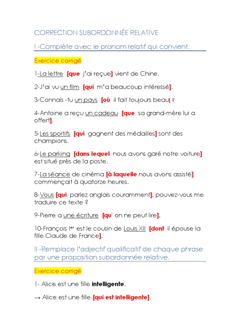 Les Expansions Du Nom Exercices Corrigés 5ème Pdf Correction Subordonnée Relative | PDF