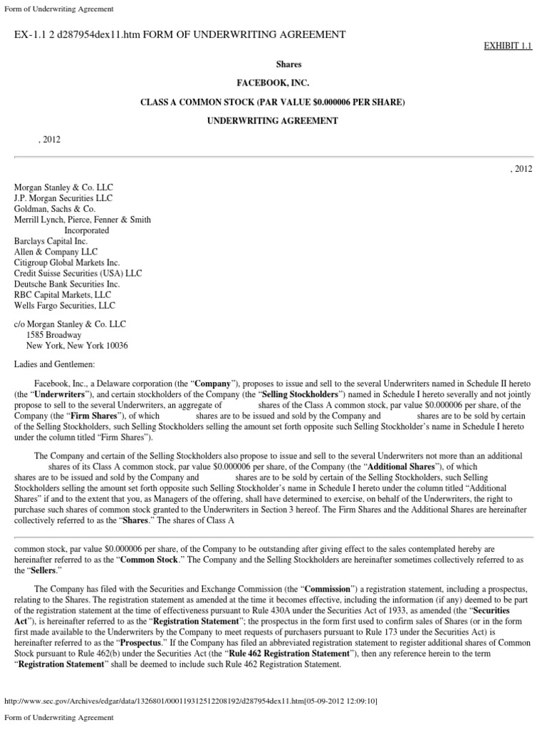Facebook Class A Stock Underwriting Agreement | PDF