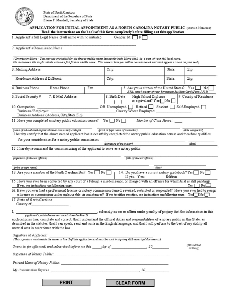 Initial Application For NC Notary Public | PDF | Notary Public | Common Law
