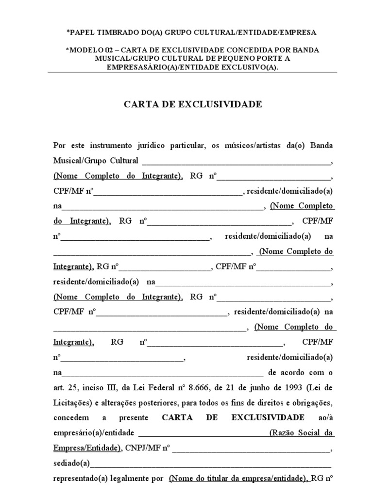 Modelo 02 - Carta de Exclusividade para banda artística