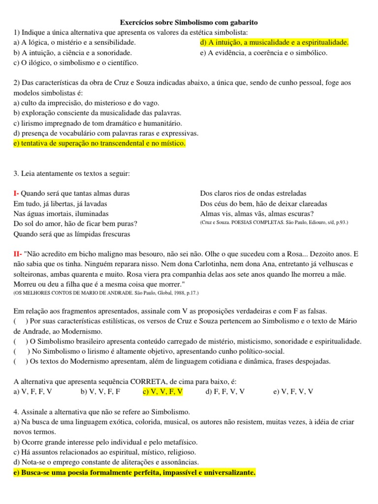 Exercicios Modernismo 3 Fase Com Gabarito Pdf