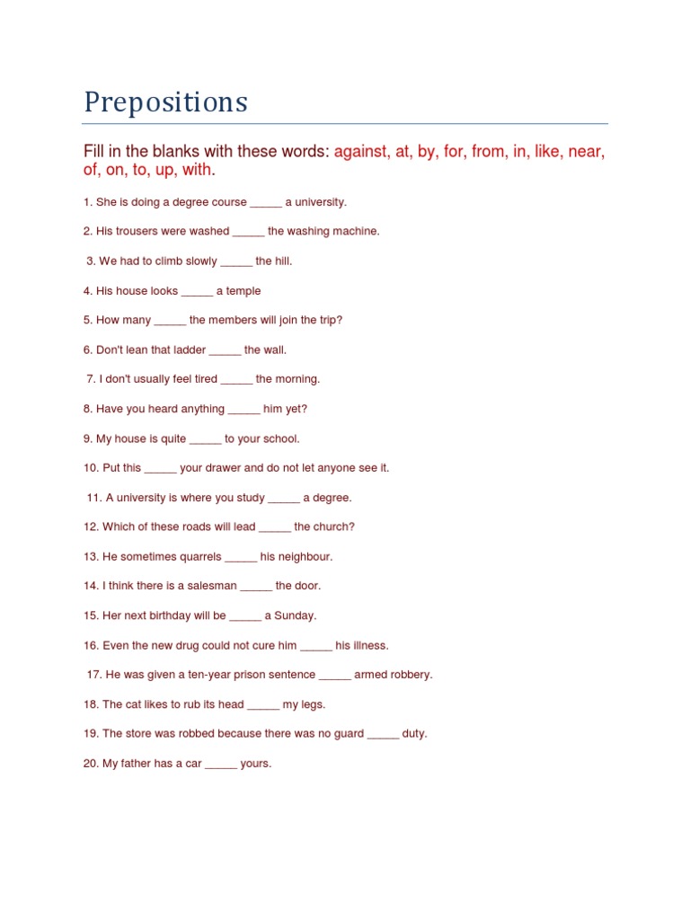 Prepositions: Fill in The Blanks With These Words | PDF