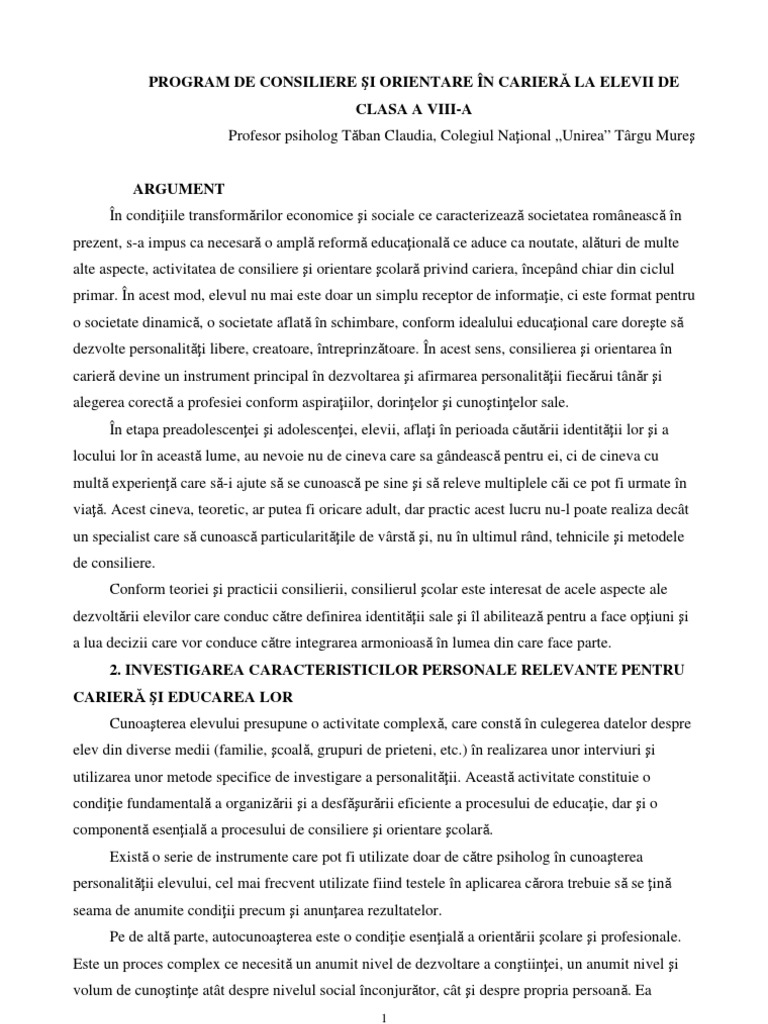 Program De Consiliere Si Orientare In CarierÄƒ La Elevii De Clasa A Viii A