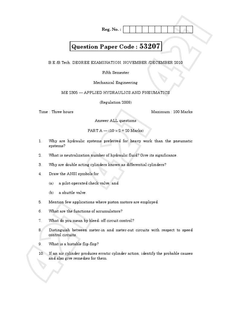 College Be 2010 2010nov Mech Me 2305 Applied Hydraulics and Pneumatics Download