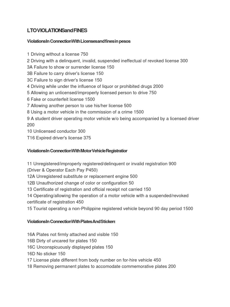 Lto Violations and Fines Traffic Transport Free 30day Trial Scribd