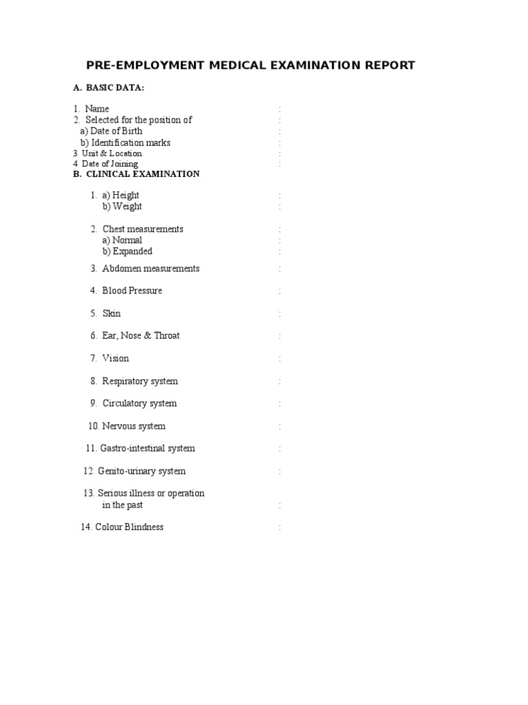 PreEmployment Medical Examination Report A. Basic Data PDF