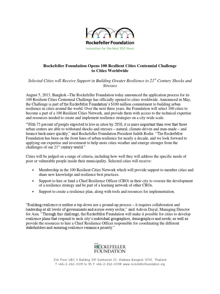 Rockefeller Foundation Opens 100 Resilient Cities Centennial Challenge