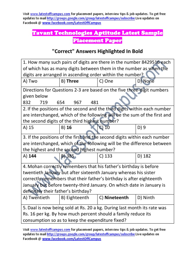 Tavant Technologies Sample Aptitude Placement Paper | PDF | Ton | Interest