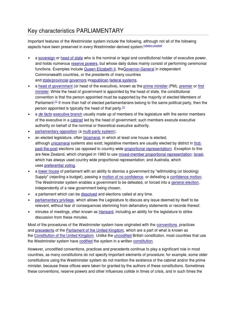 Key Features Of The Westminster System