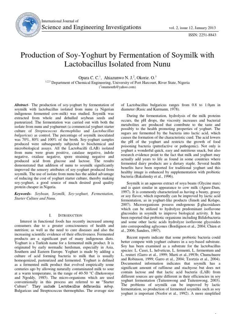 Production of SoyYoghurt by Fermentation of Soymilk With Lactobacillus