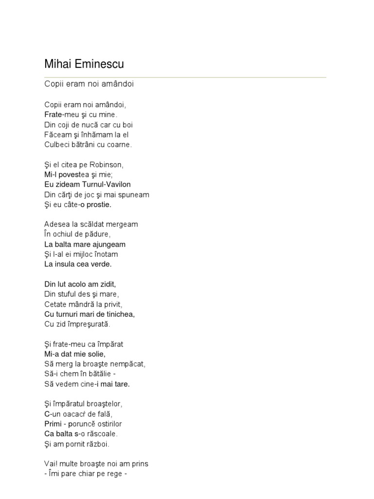 Copii Eram Noi Amandoi Mihai Eminescu