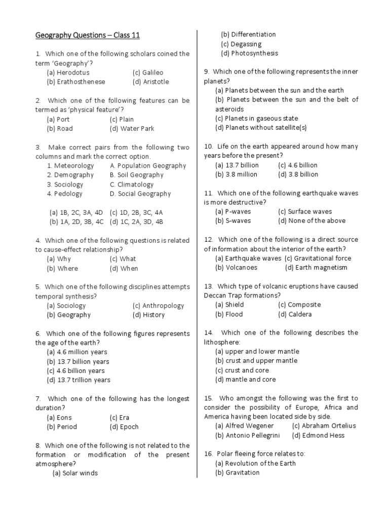 Geography MCQ Class 11 Plate Tectonics Atmosphere Of Earth Prueba